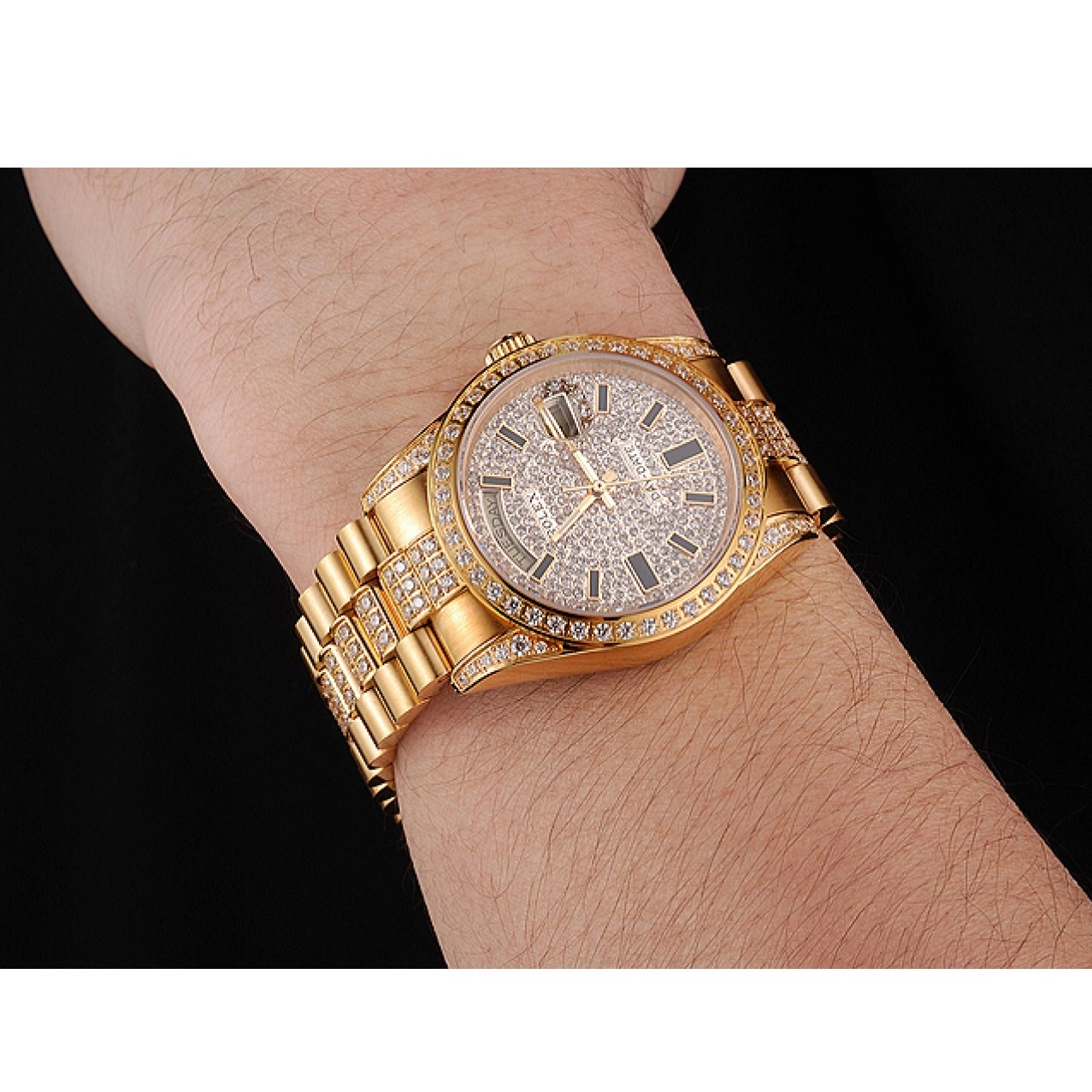 Aaa replica watch Swiss Yellow Gold Rolex Diamond Date Day Pave 0619